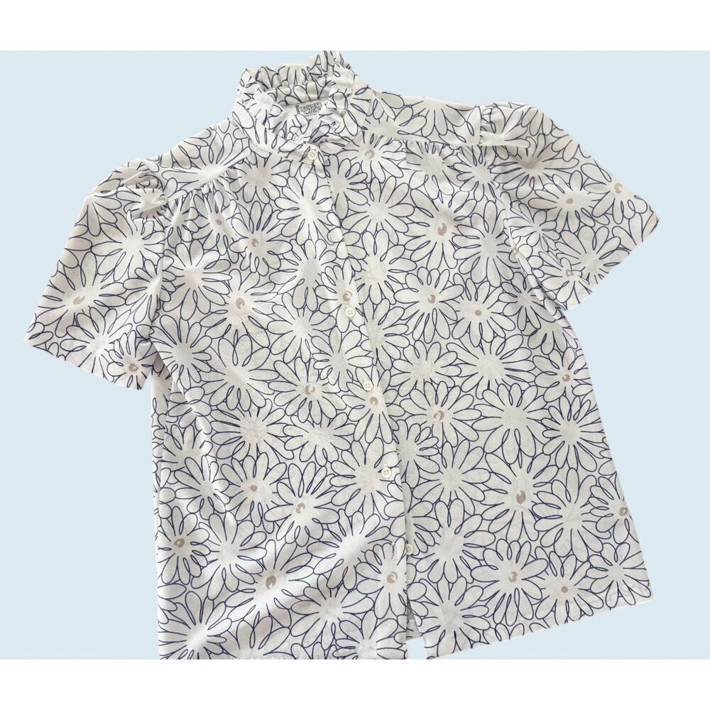 Vintage CRICKET LANE Daisy Floral Blue White Blouse Top 1980s Sz S